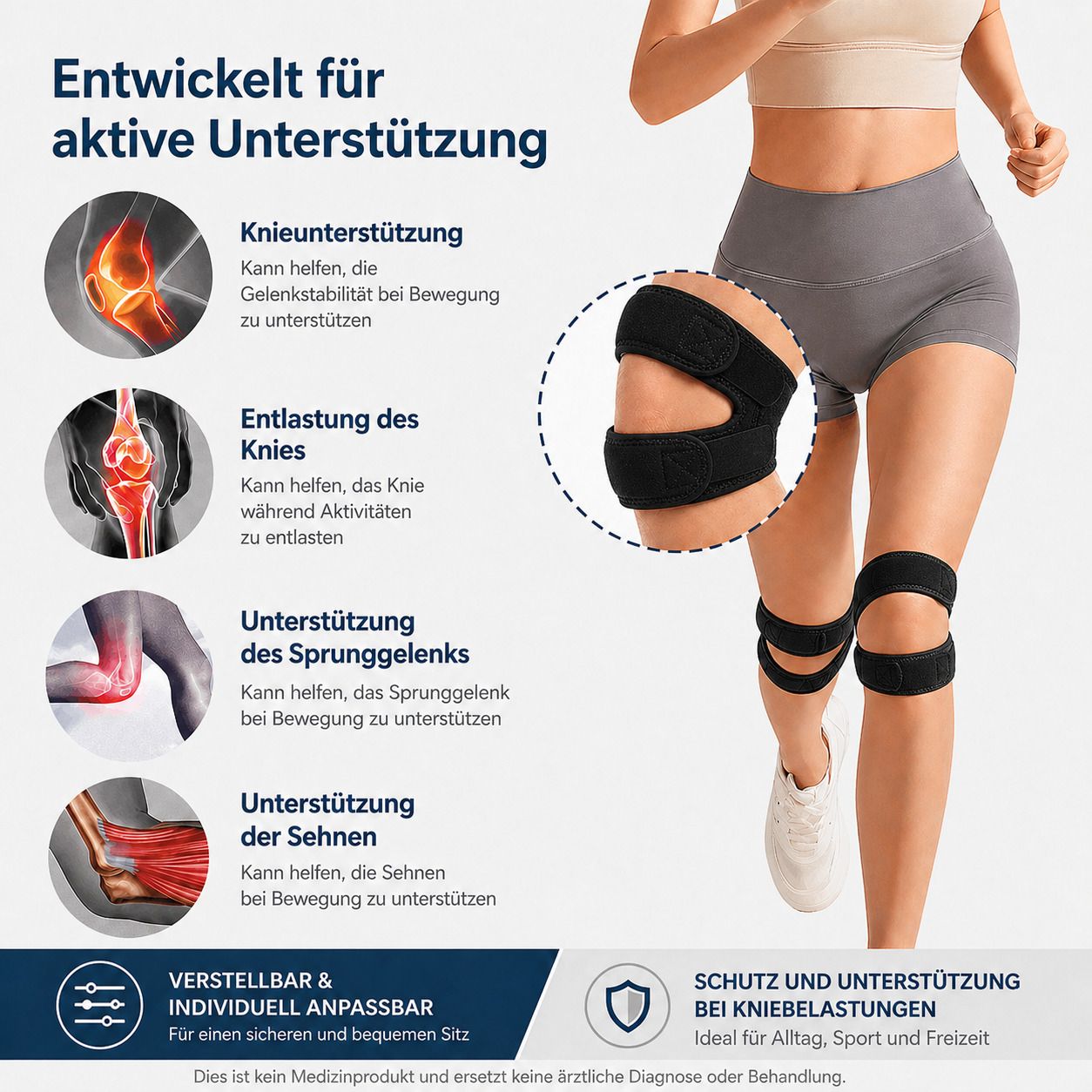 Person mit Kniebandagen beim Joggen. Schwarze Bandagen mit Klettverschlüssen. Für Knie-, Sprunggelenk- und Sehnenunterstützung.