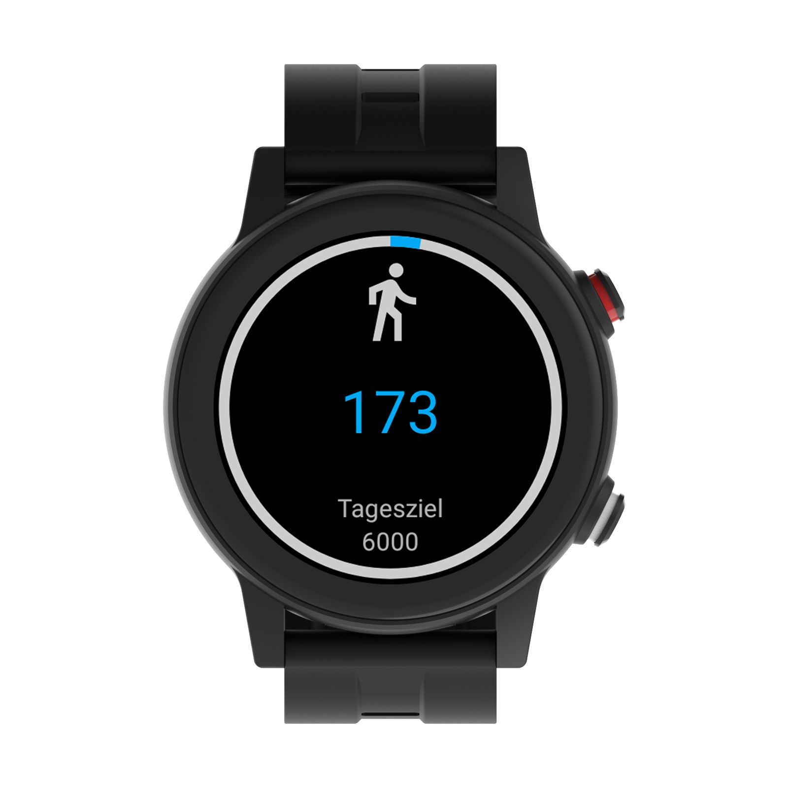Schwarze Smartwatch mit Zifferblatt, das eine Gehaktivität anzeigt. Zeigt 173 Schritte von 6000 Tagesziel.