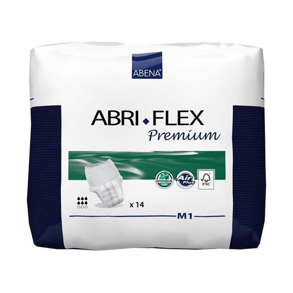 Abena Abri-Flex Premium M1. Weiße Verpackung mit Produktabbildung. Text: ABRI-FLEX Premium, M1, x14. Logos: Air Plus, FSC.