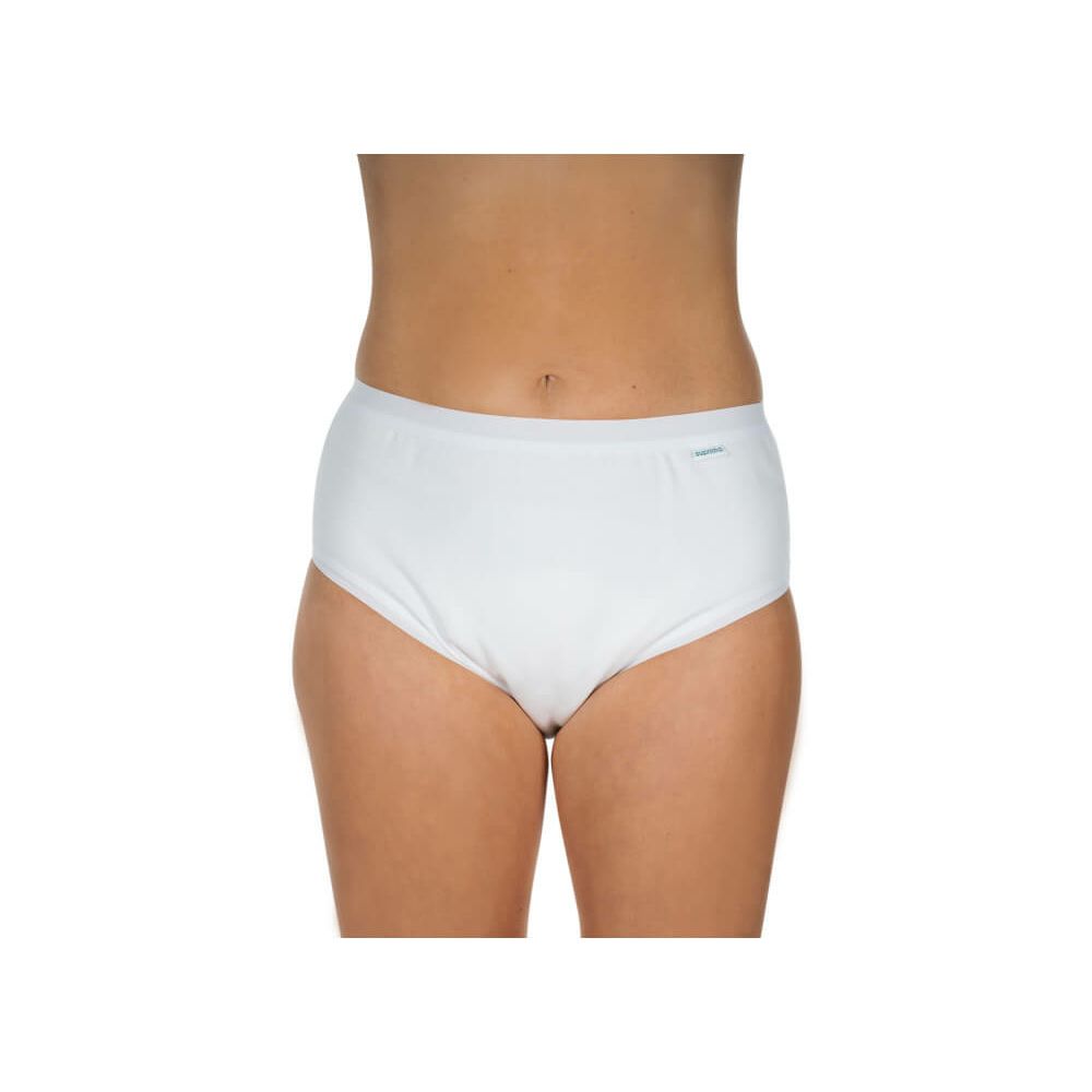 Weißer Inkontinenz-Slip, Vorderansicht. Auf einer Person getragen.