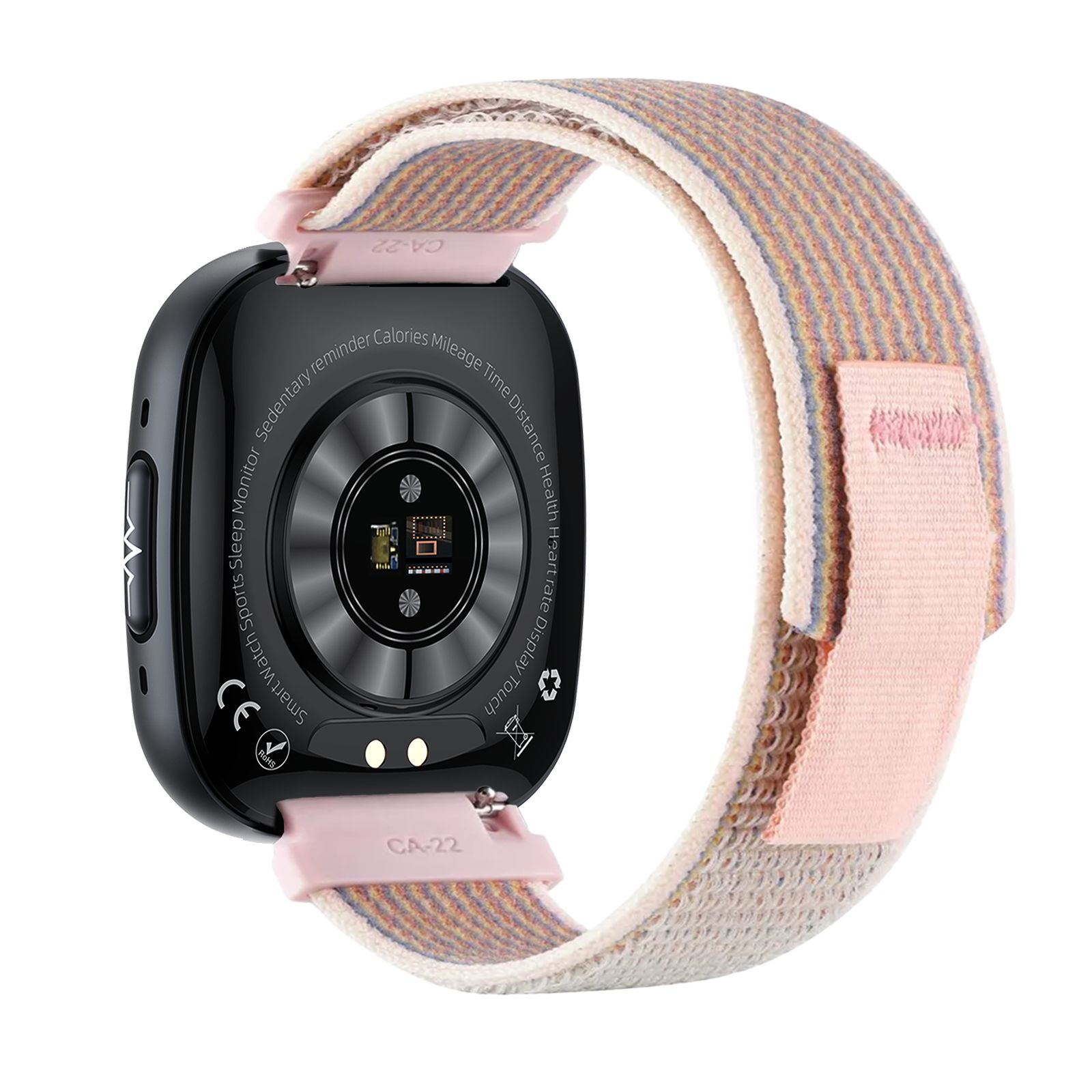 Smartwatch mit rosa Armband. Rückseite mit Sensoren und CE-Zeichen. Text: Smartwatch, Sports, Sleep Monitor.