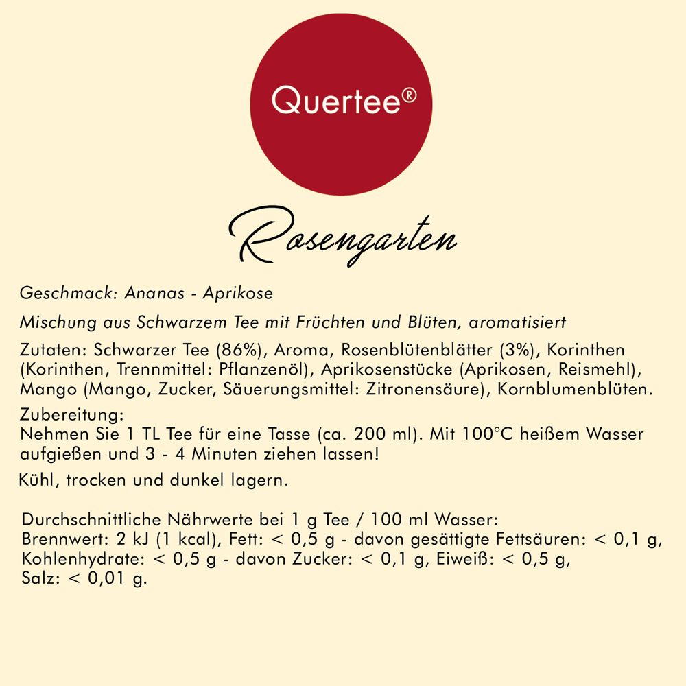 Text mit Informationen zu Quertee® Rosengarten Tee: Zutaten, Zubereitung und Nährwerte.