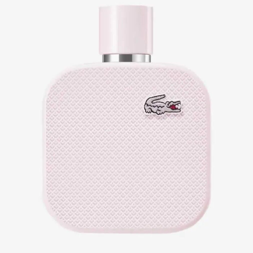 Rosa Lacoste L.12.12 Rose Eau de Parfum Flakon. Krokodil-Logo. Quadratische Form mit geriffelter Oberfläche.