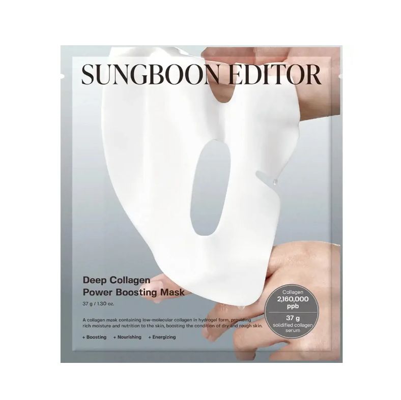 Gesichtsmaske in Verpackung. Marke SUNGBOON EDITOR. Text: Deep Collagen Power Boosting Mask. Enthält 37g. Mit Kollagen.