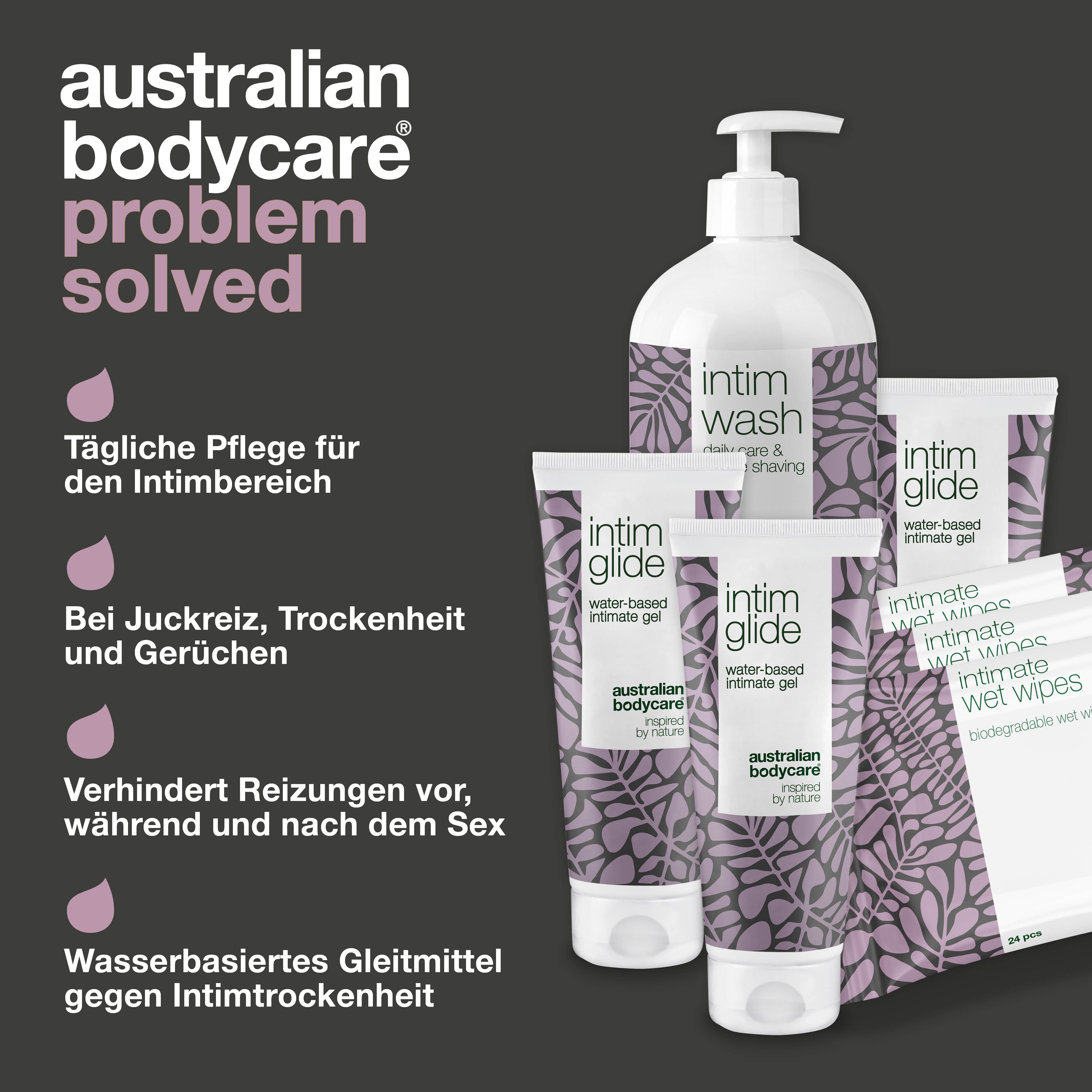 Produktabbildung: Intim Wash, Intim Glide, Intimate Wet Wipes. Text: Problem gelöst.