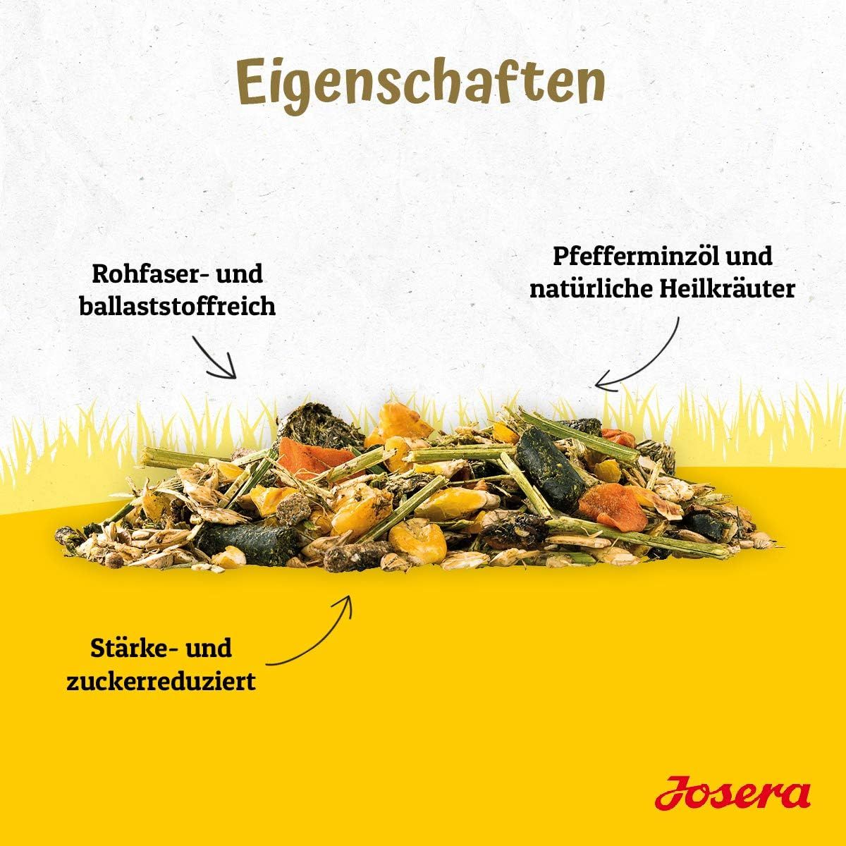 Josera Wald & Wiese: Rohfaserreich, ballaststoffreich, pfefferminzöl, Heilkräuter, stärke- und zuckerreduziert.