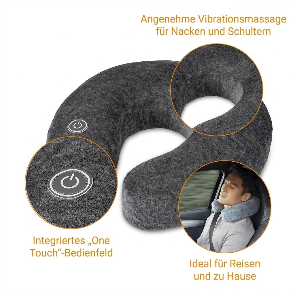 Graues Nackenhörnchen mit "One Touch"-Bedienfeld, Vibrationsmassage-Hinweis und Anwendungsbild.