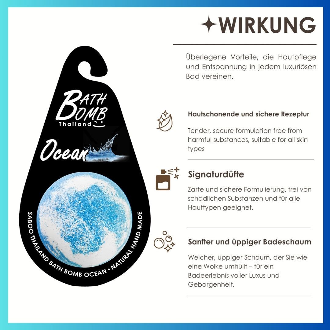 Ovale Produktverpackung mit blau-weißem Badeprodukt. Text: Bath Bomb, Ocean, Natural Hand Made. Wirkung.