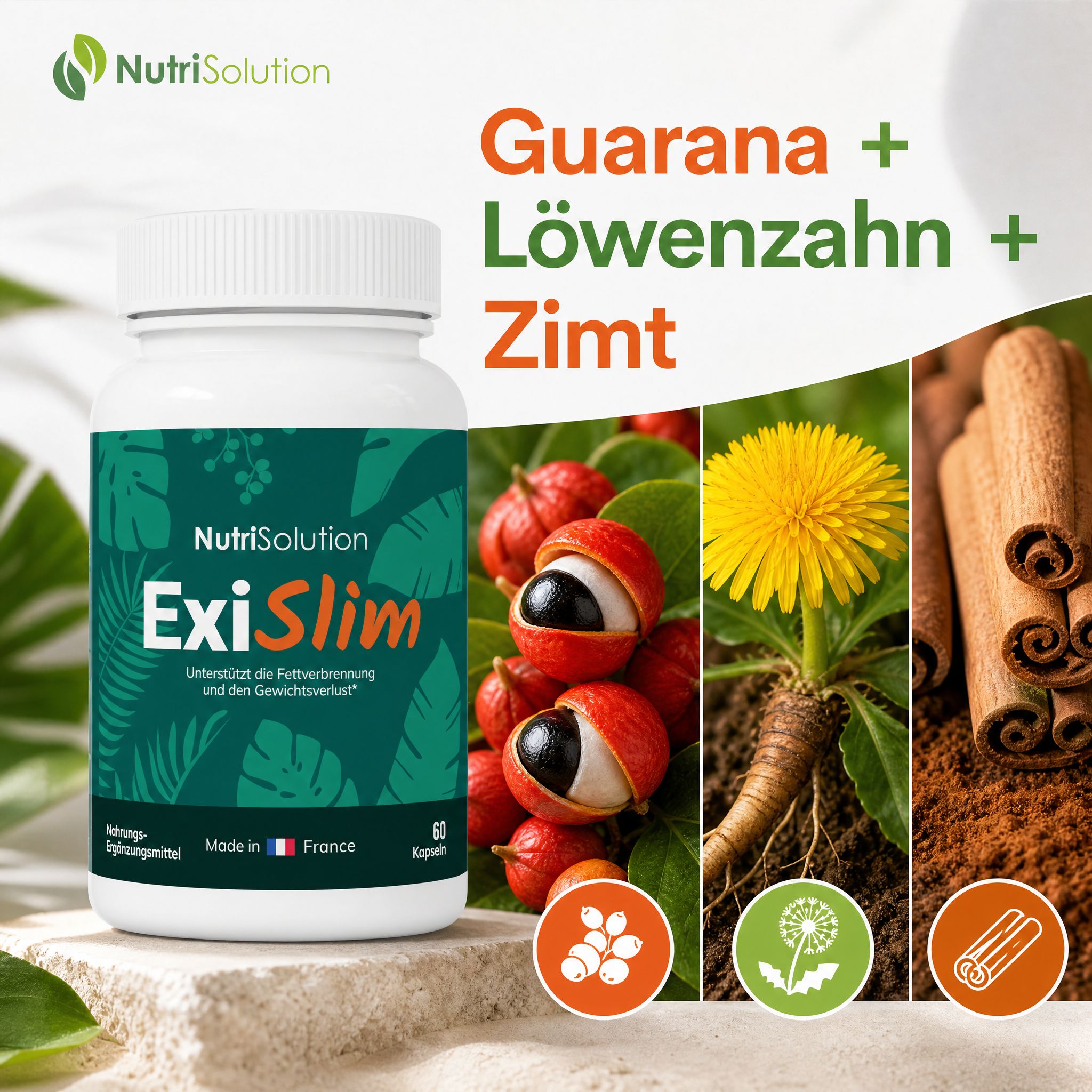 NutriSolution ExiSlim Flasche mit Guarana, Löwenzahn und Zimt.