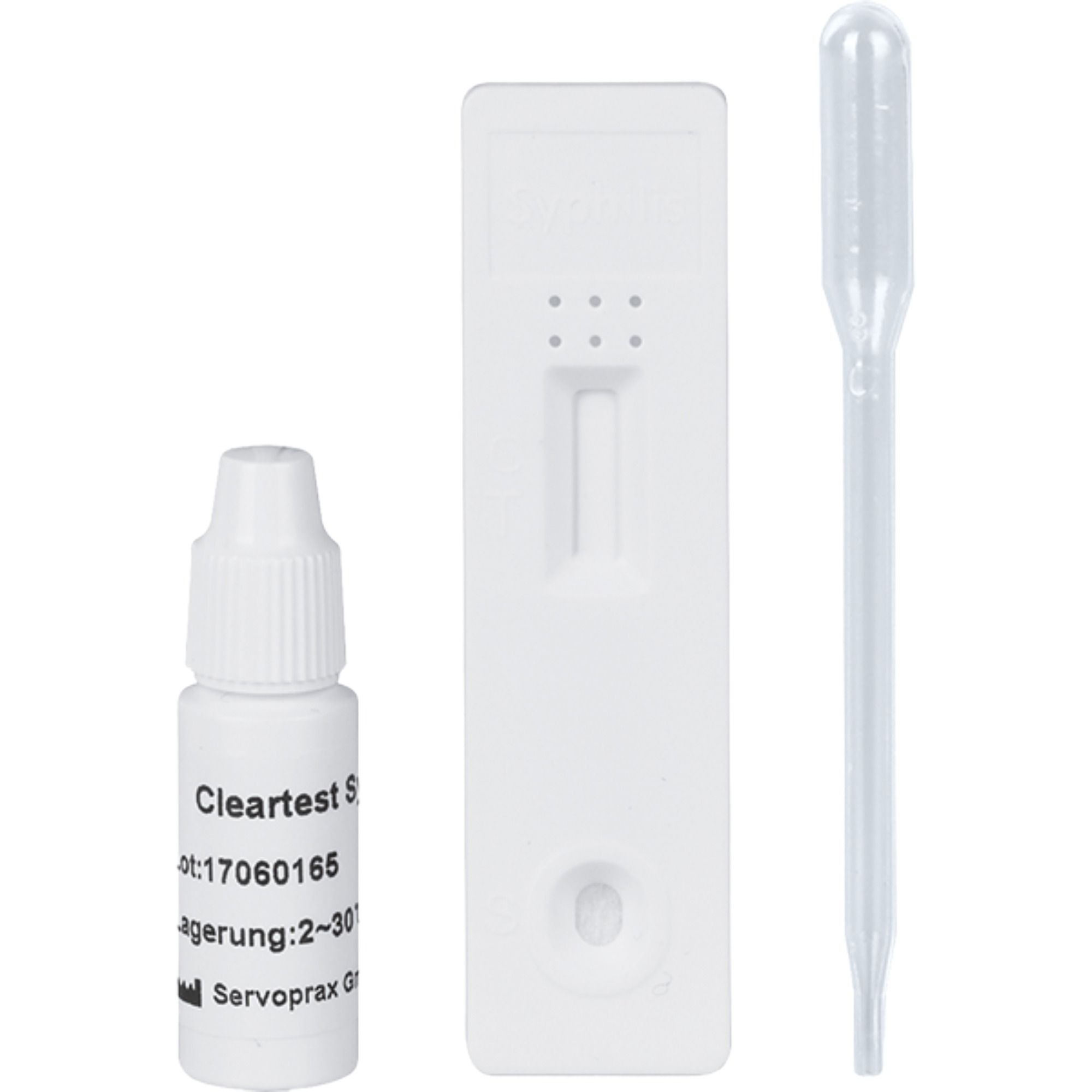 Cleartest® Syphilis Testkassette, Pufferlösung und Pipette für Vollblut, Serum oder Plasma.