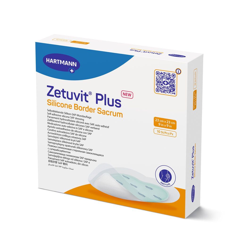 Verpackung von Zetuvit® Plus Silicone Border Sacrum. Hartmann-Logo. 23x23 cm. 10 Stück.
