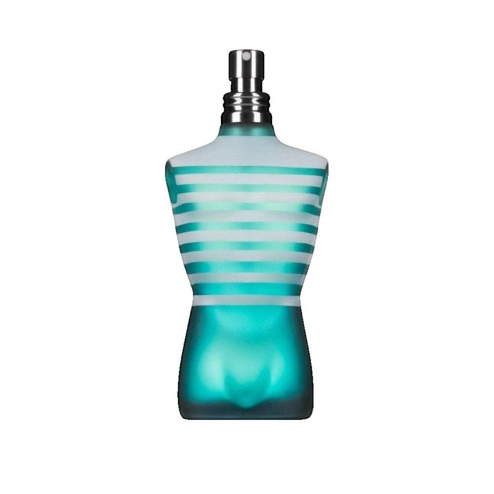 Flakon in Torsoform, türkis-transparent mit weißen Streifen. Silberner Sprühkopf. Aufschrift nicht lesbar.