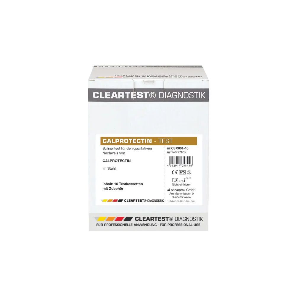 Verpackung von Cleartest Calprotectin Test. Aufschrift: CALPROTECTIN-TEST, CLEARTEST DIAGNOSTIK. Enthält 10 Testkassetten.