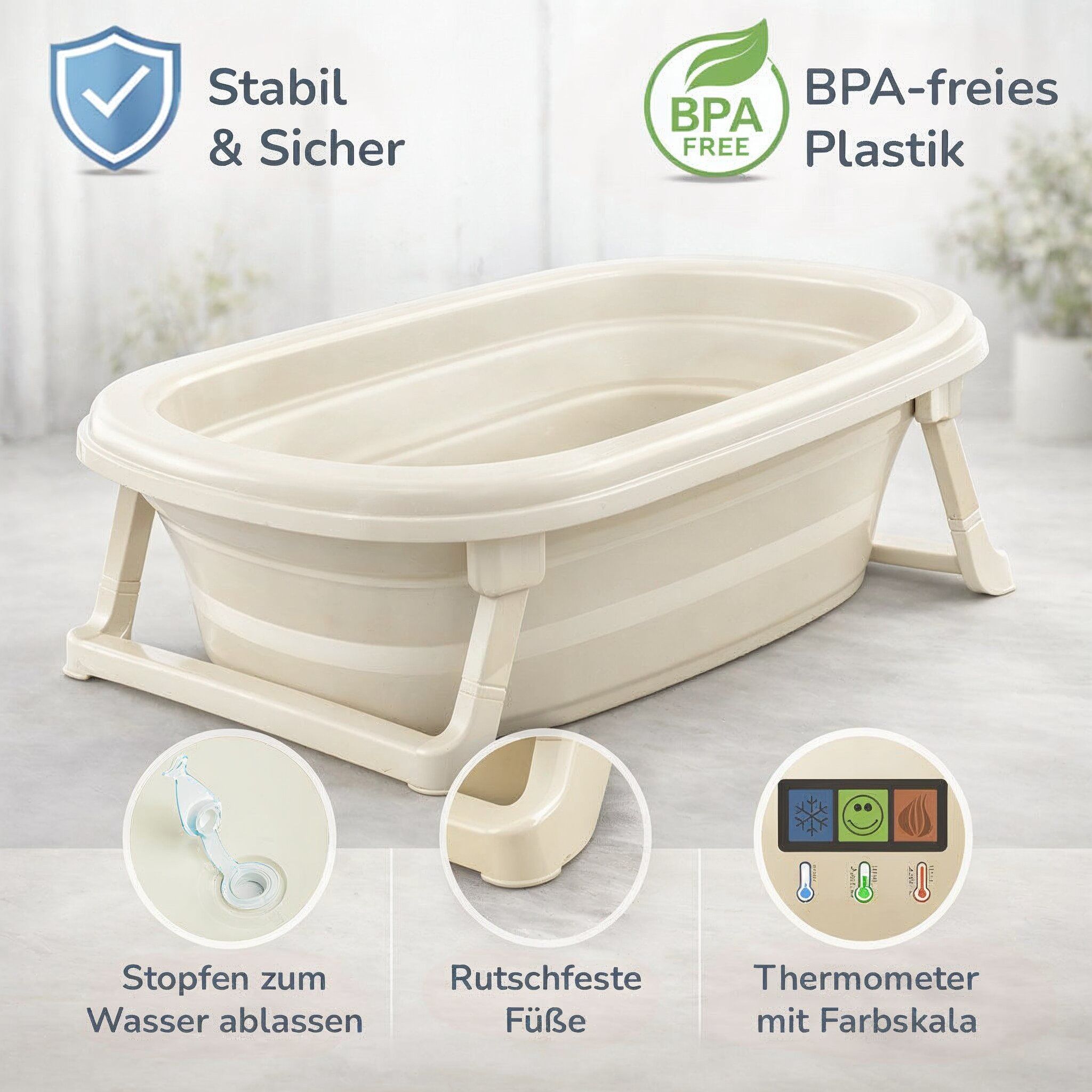Faltbare Babybadewanne - Klappbare Baby Wanne mit integriertem Thermometer und Abfluss
