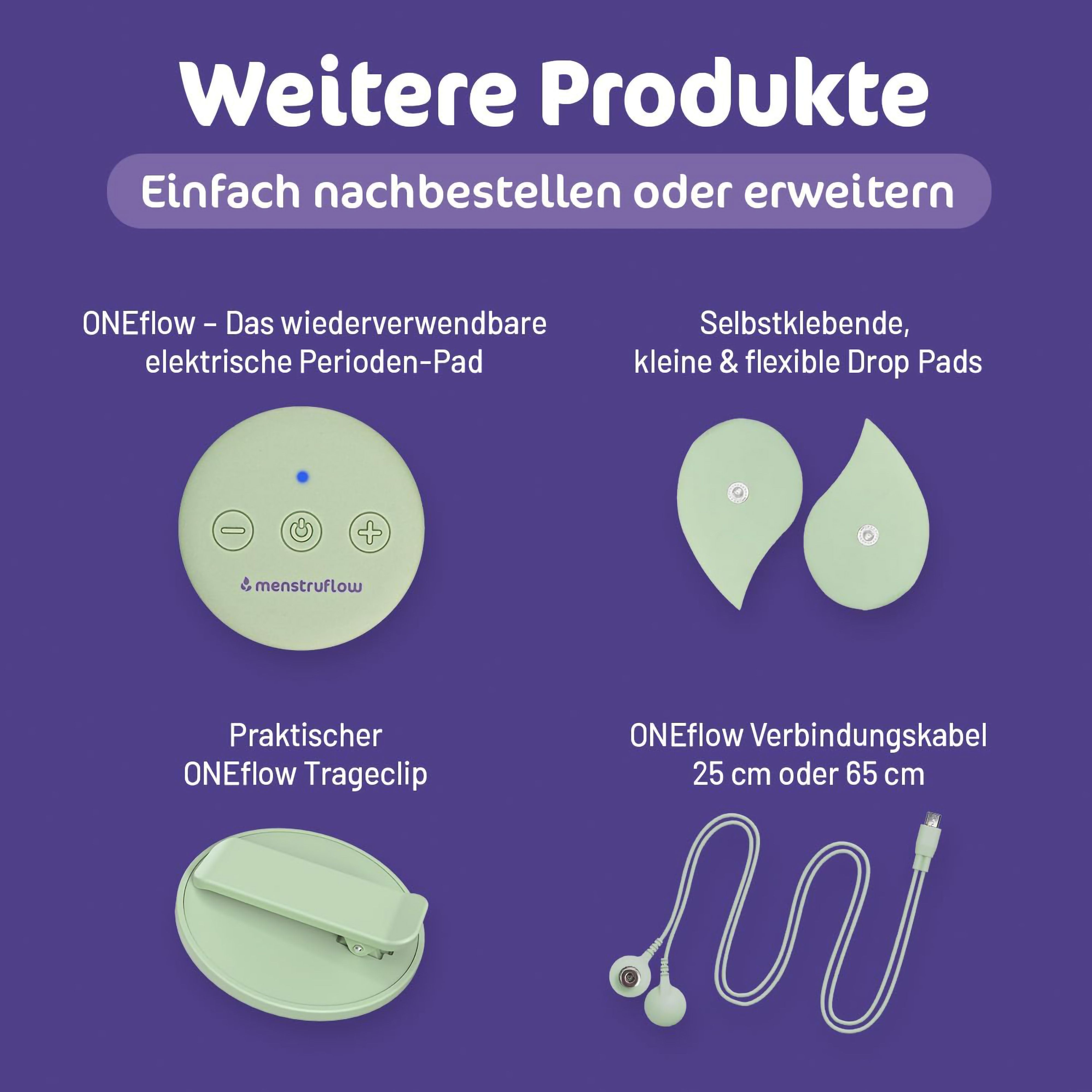Drei Frauen mit ONEflow Pads auf dem Bauch, die ONEflow und Drop Pads bewerben.