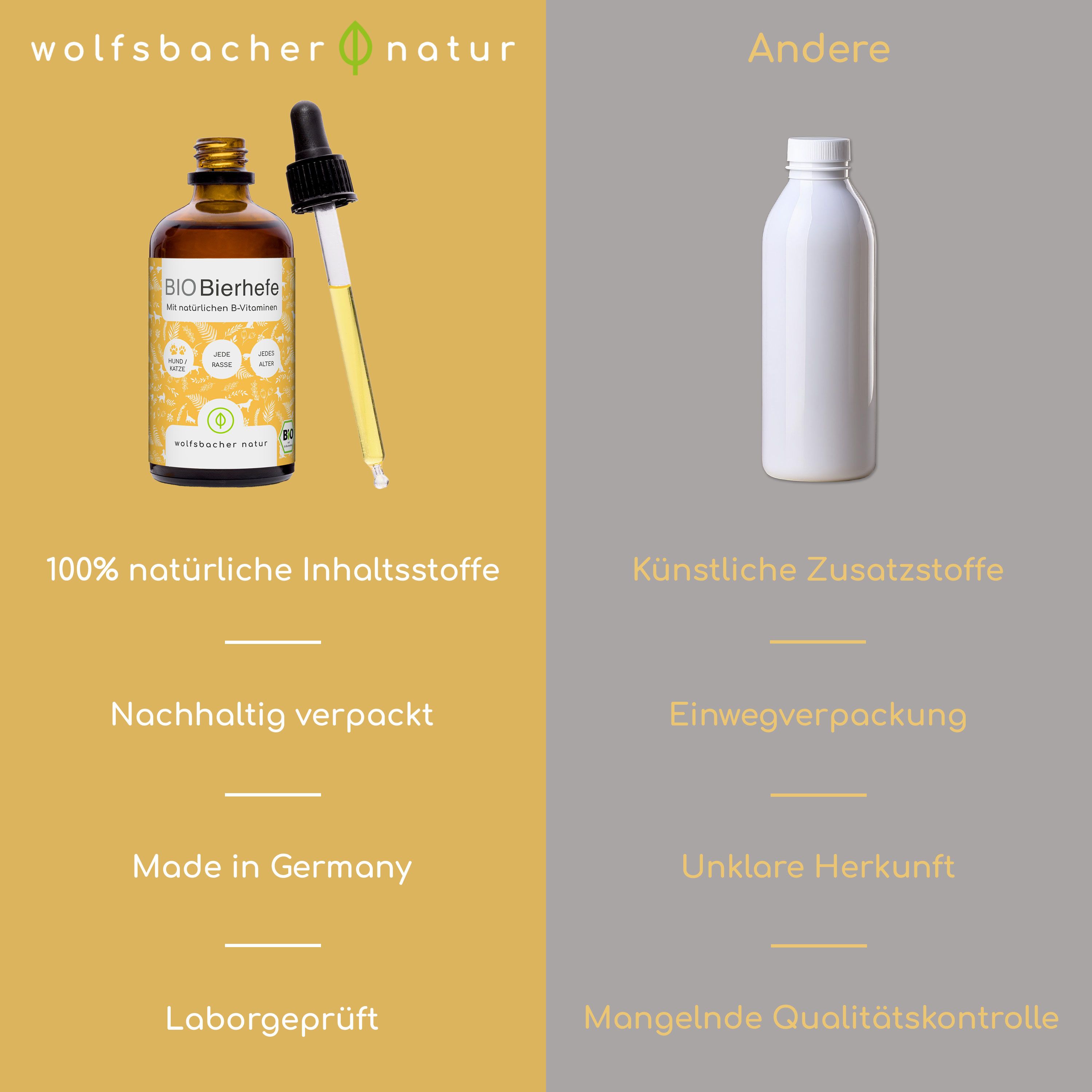 Vergleich: BIO Bierhefe Flasche vs. weiße Flasche. Text: 100% natürlich, nachhaltig, Made in Germany, Laborgeprüft.