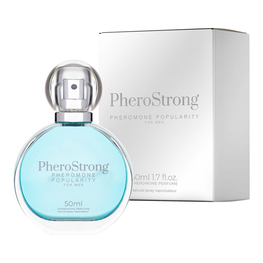 PheroStrong Parfümflakon und Verpackung. Hellblaues Parfüm, 50ml. Pheromon Popularität für Männer.