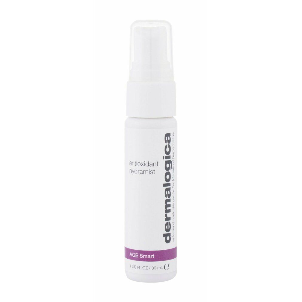 Weiße Sprühflasche mit durchsichtigem Deckel. Aufschrift: antioxidant hydramist, Dermalogica. Lilafarbener Streifen mit AGE smart.