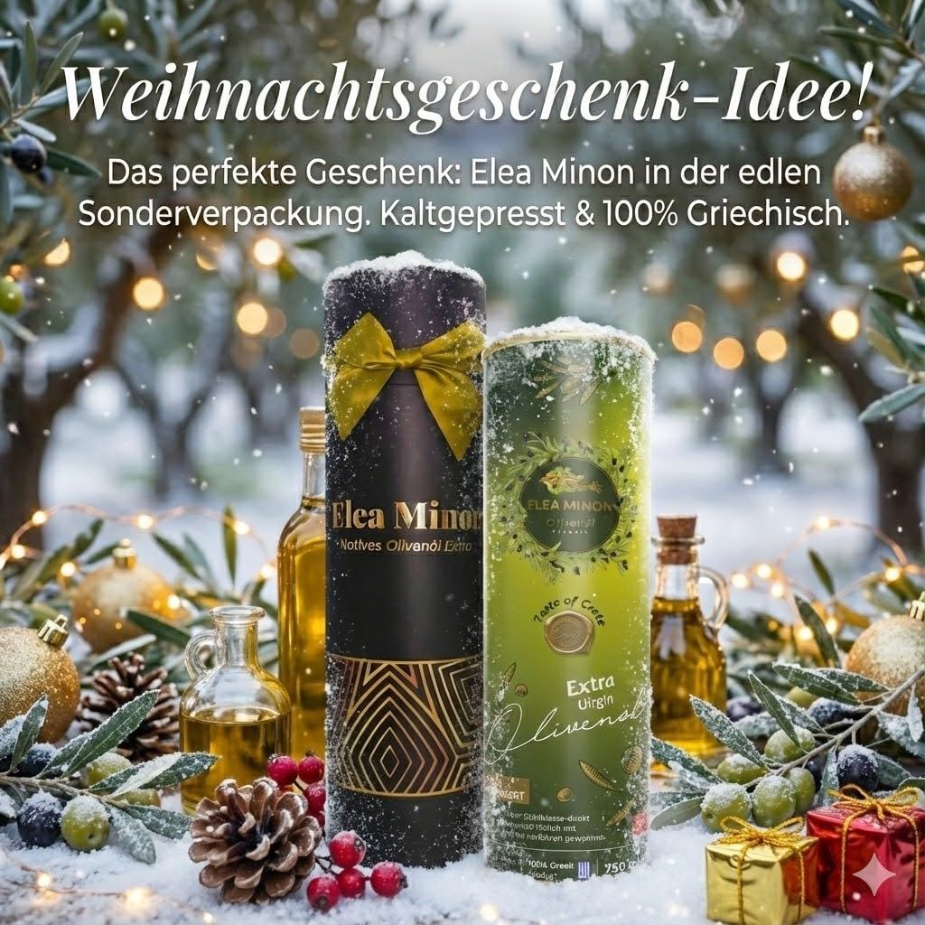 Zwei Zylinder-Geschenkverpackungen für Olivenöl, eine schwarz, eine grün, mit Schleife.