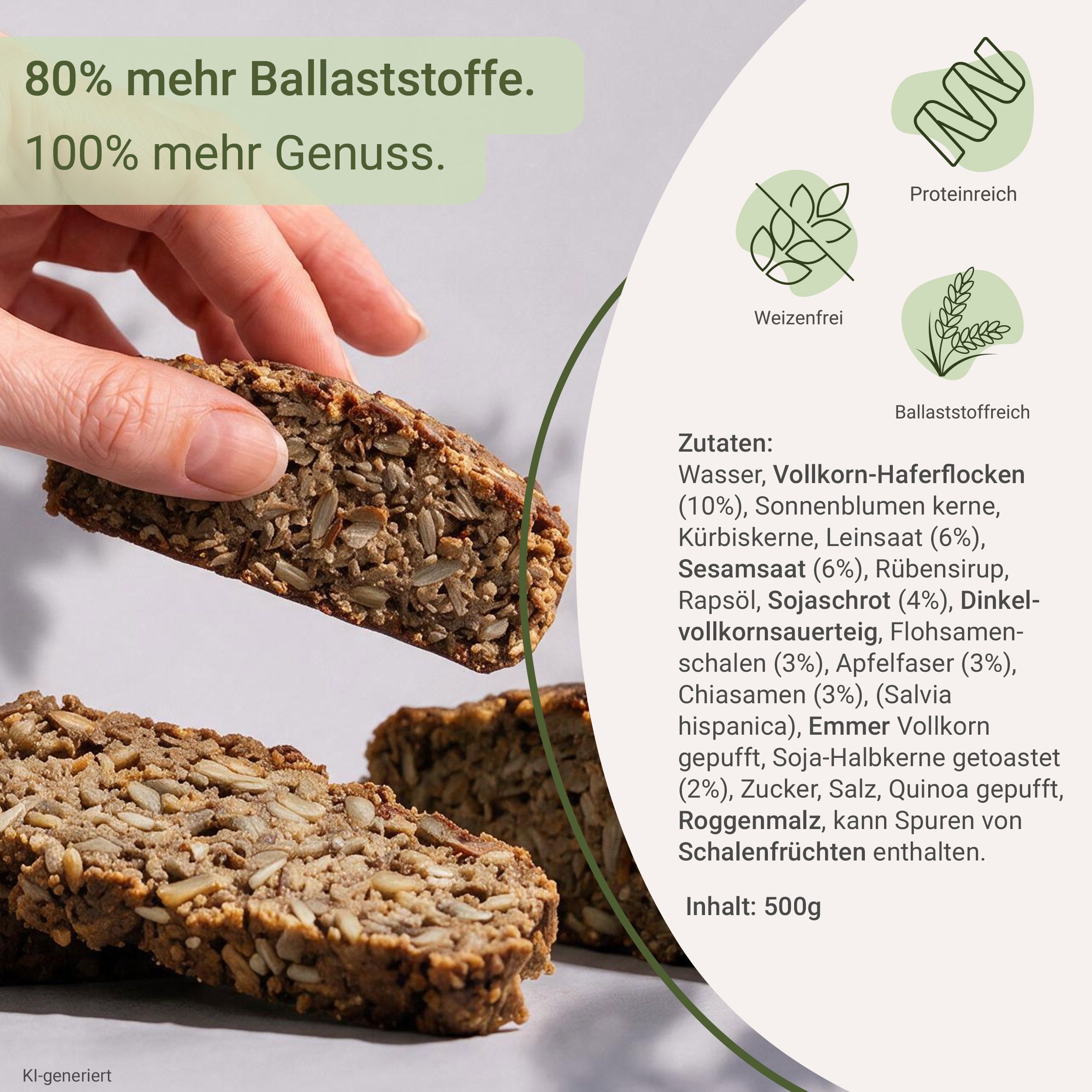 Präbiotik-Brot mit 80% mehr Ballaststoffen. Reich an Proteinen und Ballaststoffen.