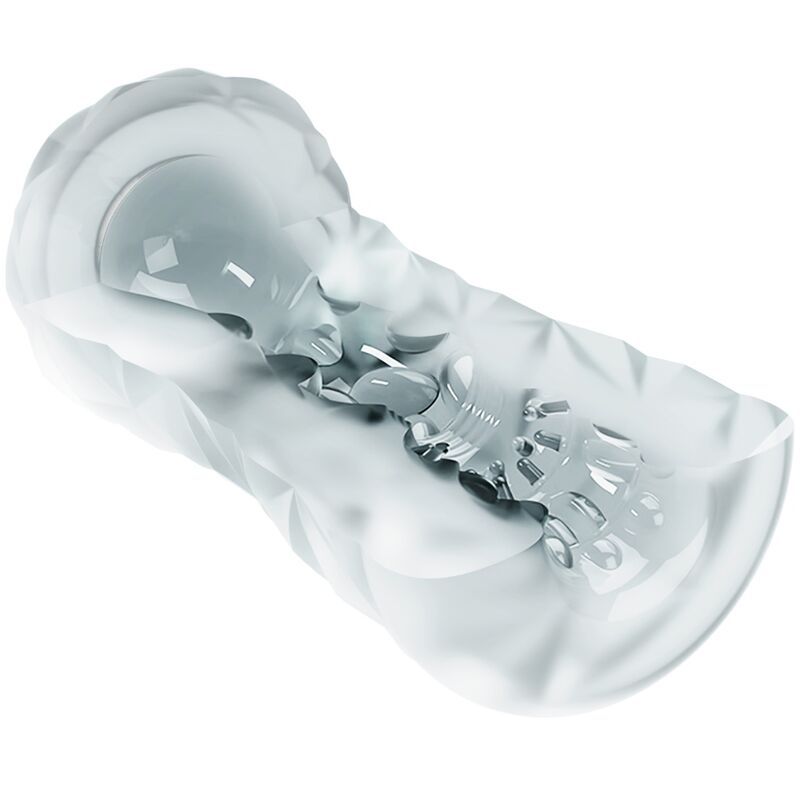 Durchsichtiger Masturbator, Schnittansicht. Innenstruktur mit Details erkennbar.