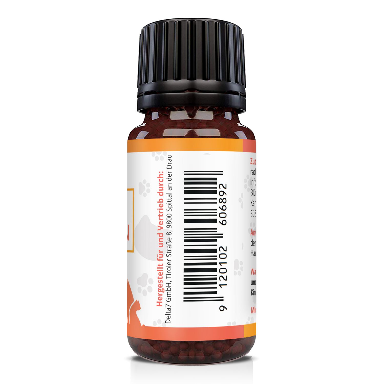 Rückseite der braunen Glasflasche. Barcode und Text. Orangefarbenes Etikett mit weißem Text. Herstellerinformationen.
