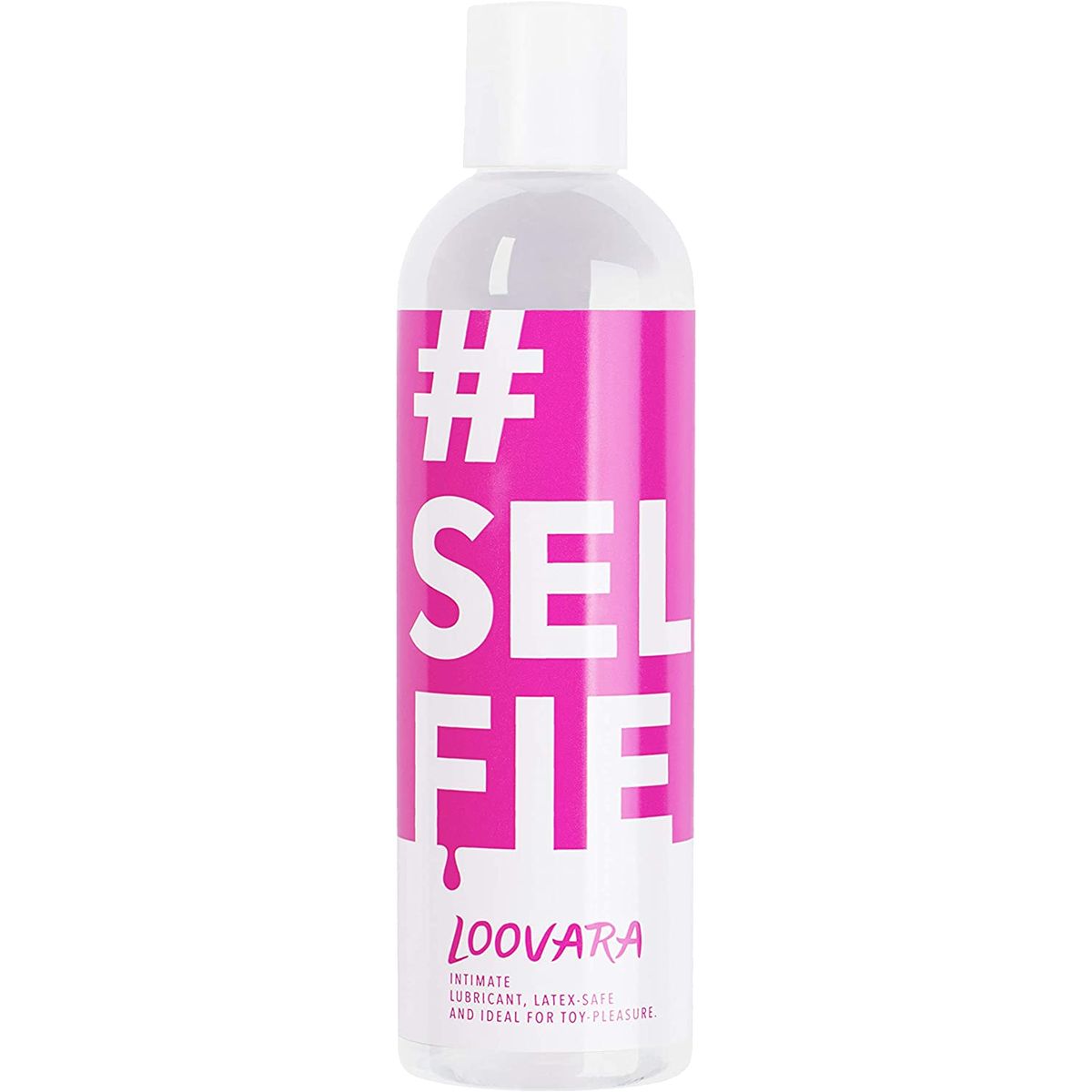 Transparente Flasche mit weißem Deckel. Rosa Etikett mit weißem Text: #SELFIE, LOOVARA. Aufschrift: Intimate Lubricant, Latex Safe and Ideal for Toy Pleasure.