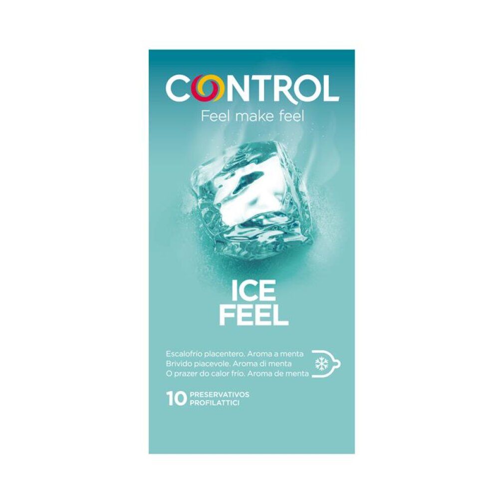 Vorderseite der Verpackung von Control Ice Feel Kondomen mit Eiswürfel-Design.