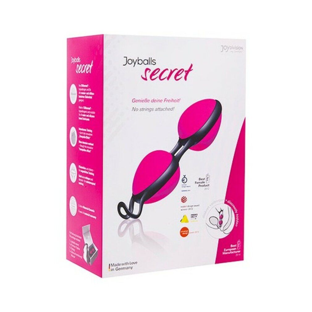 Joyballs secret. Zwei pinkfarbene Kugeln, schwarze Verbindung. Schwarze Schlaufe. Weißer Hintergrund.