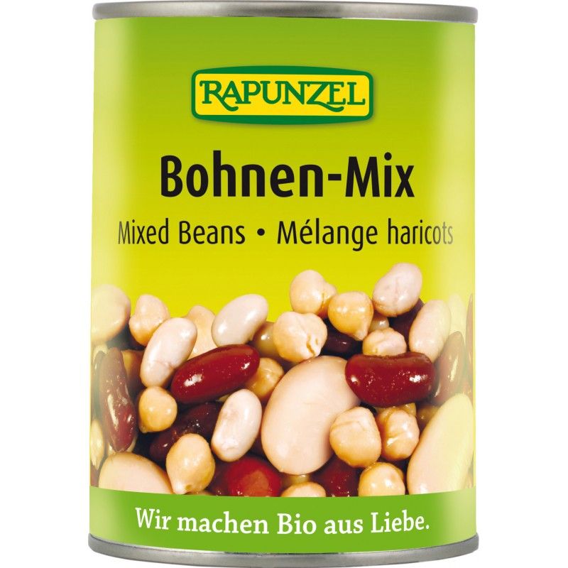 Konservendose mit Bohnen-Mix. Oben Logo "RAPUNZEL". Text: Bohnen-Mix, Mixed Beans, Mélange haricots. Unten: "Wir machen Bio aus Liebe."
