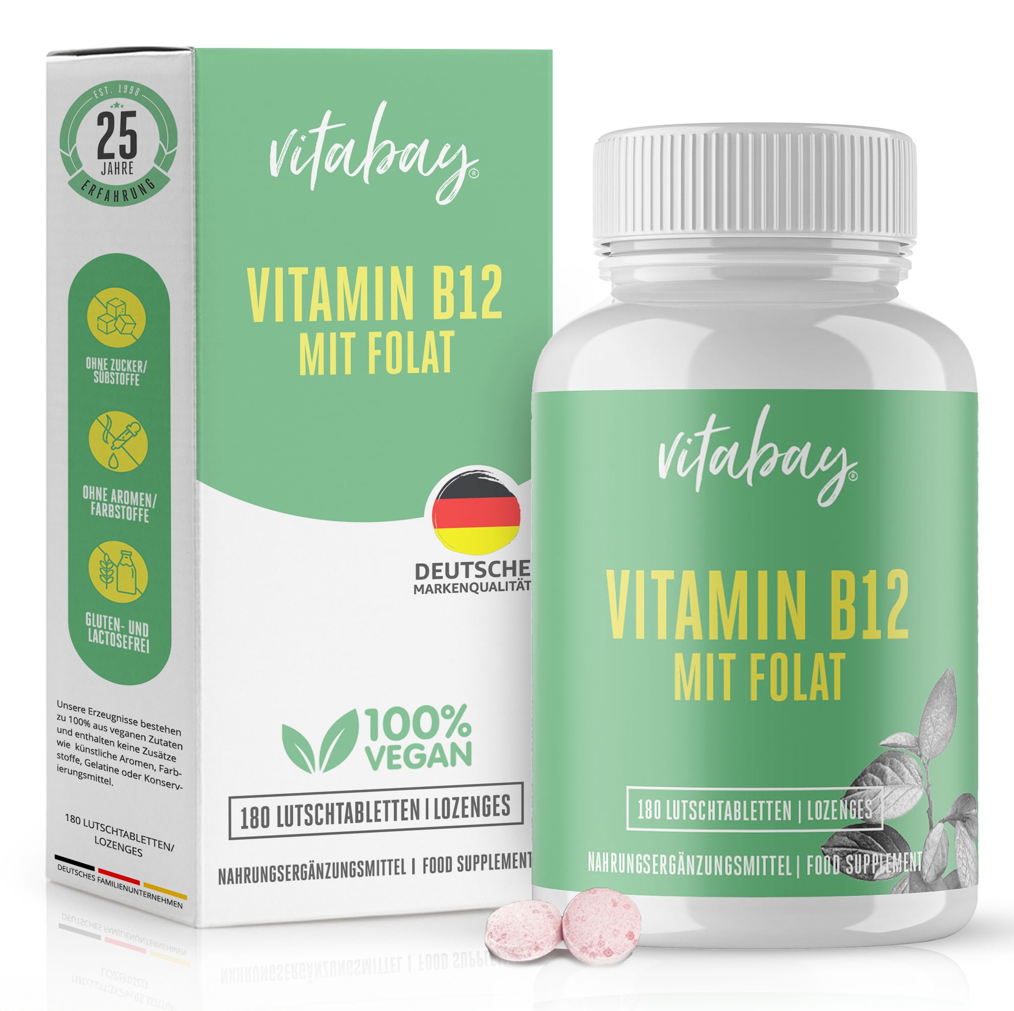Vitamin B12 mit Folat, 180 Lutschtabletten. Dose und Schachtel. 100% vegan. Deutsche Marke. Gluten- und laktosefrei.