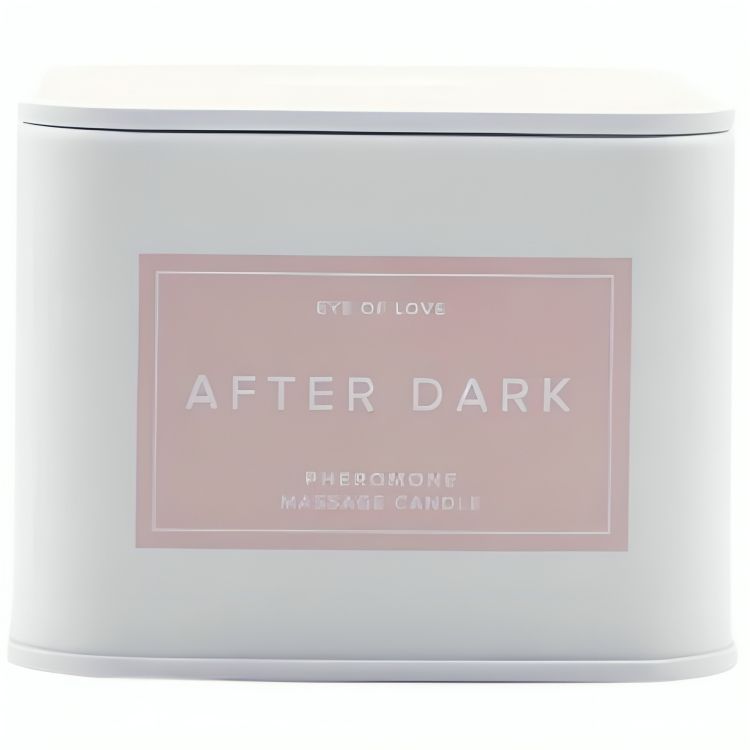 Weiße Dose mit "After Dark Pheromone Massage Candle" Aufschrift.
