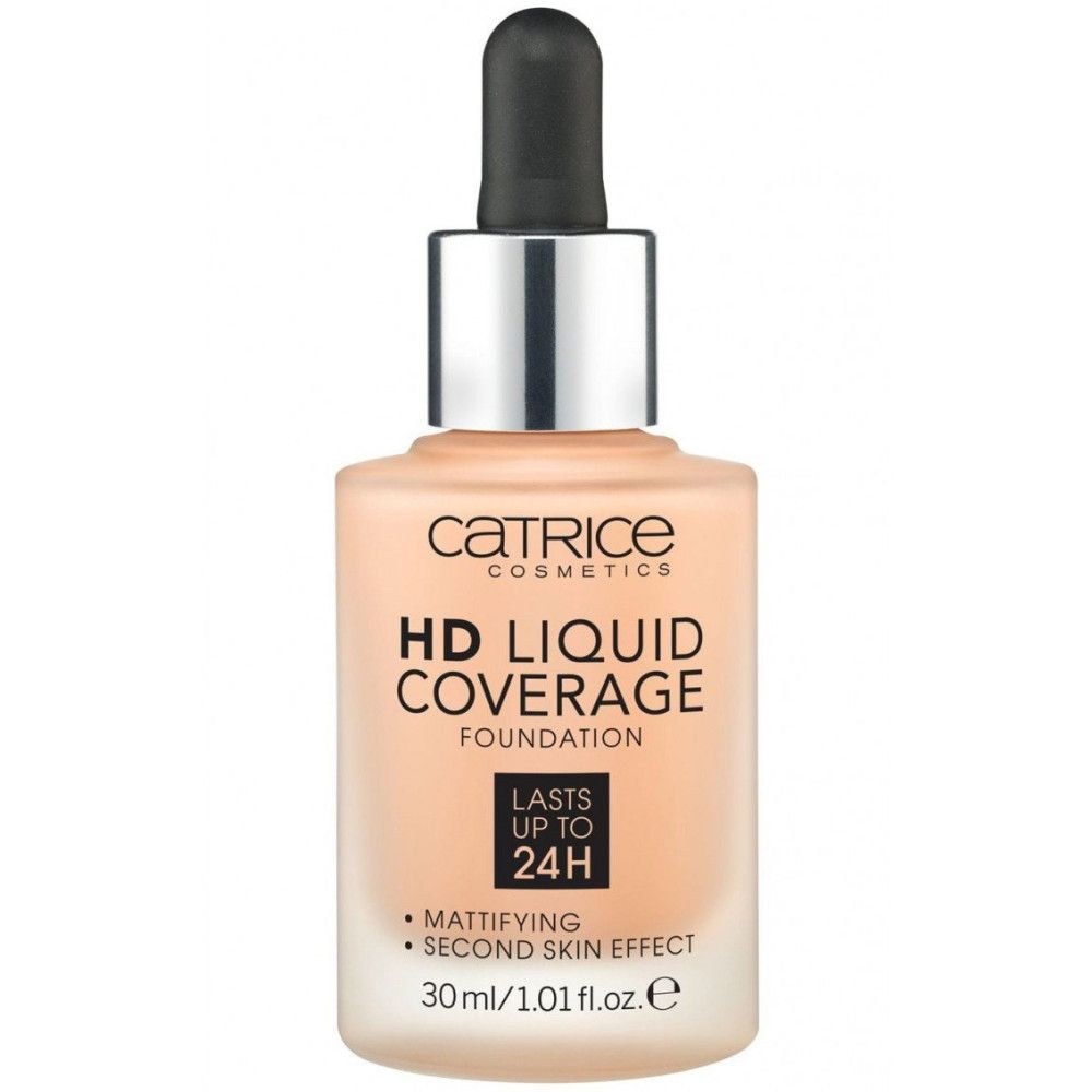 Catrice HD Liquid Coverage Foundation. Flasche mit Pipette. Text: Mattierend, Second Skin Effect. 30ml.