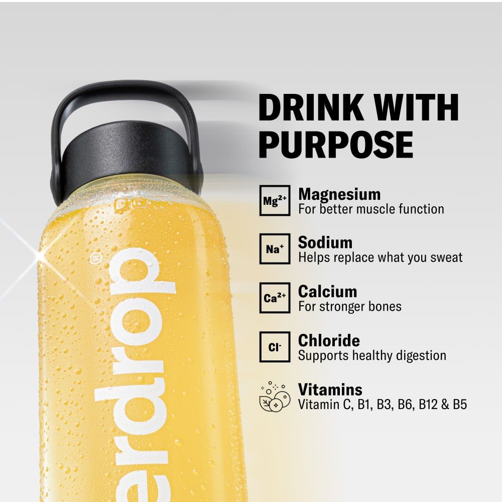 Wasserflasche mit waterdrop® Logo und Liste der Elektrolyte und Vitamine für die Muskel-, Knochen- und Verdauungsfunktion.