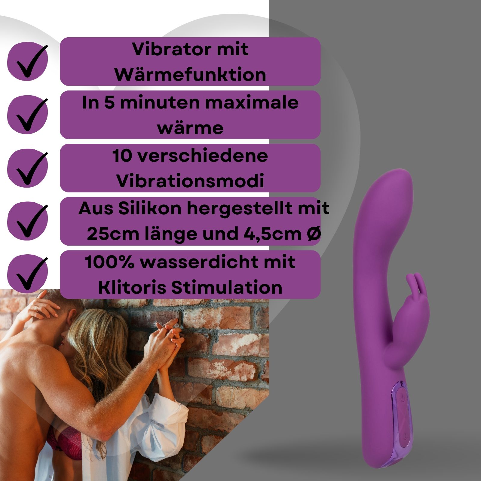 Lila Vibrator neben Text. Text: Vibrator mit Wärmefunktion, 10 Vibrationsmodi, 25cm lang, 100% wasserdicht.
