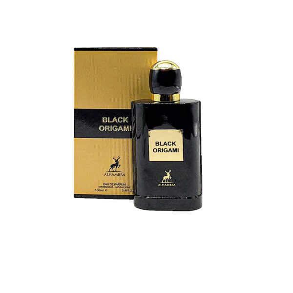 Schwarzer Flakon mit goldener Kappe und Karton. Aufschrift: Black Origami, Alhambra. Eau de Parfum.