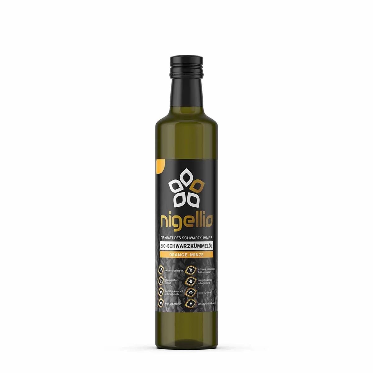 Nigellio Bio-Schwarzkümmelöl ungefiltert mit Orange-Minze verfeinert aus ägyptischer Saat 250 ml Öl