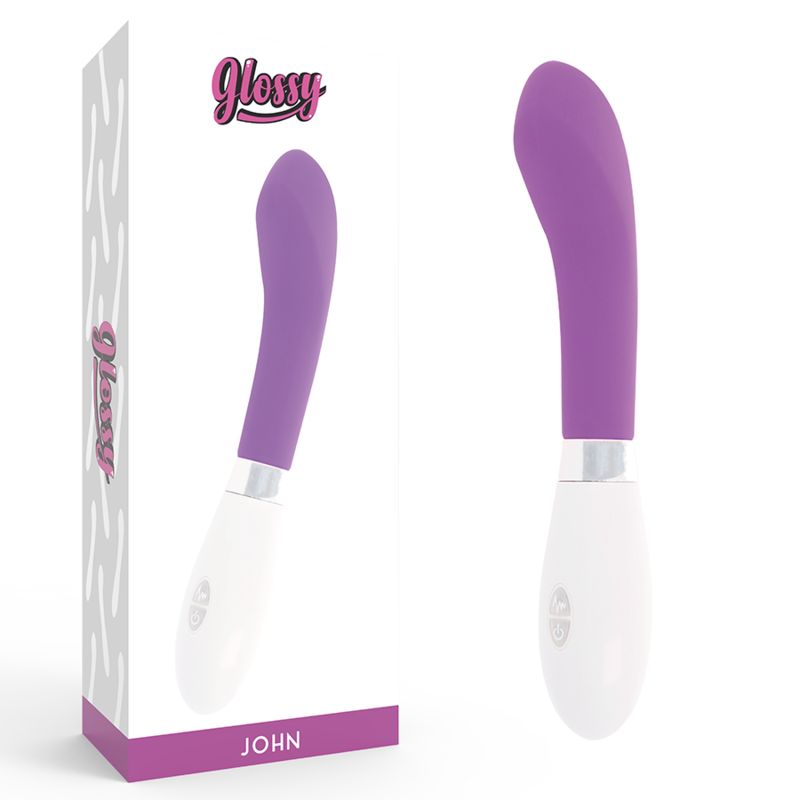 Verpackung mit Vibrator. Lila/weißer Vibrator, Text: 'Glossy' und 'John'.