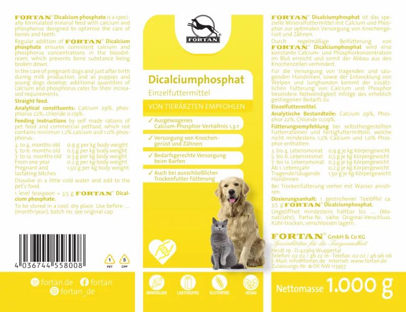 Produktetikett mit Text und Logo. Abbildung eines Hundes und einer Katze. Gelber Hintergrund.