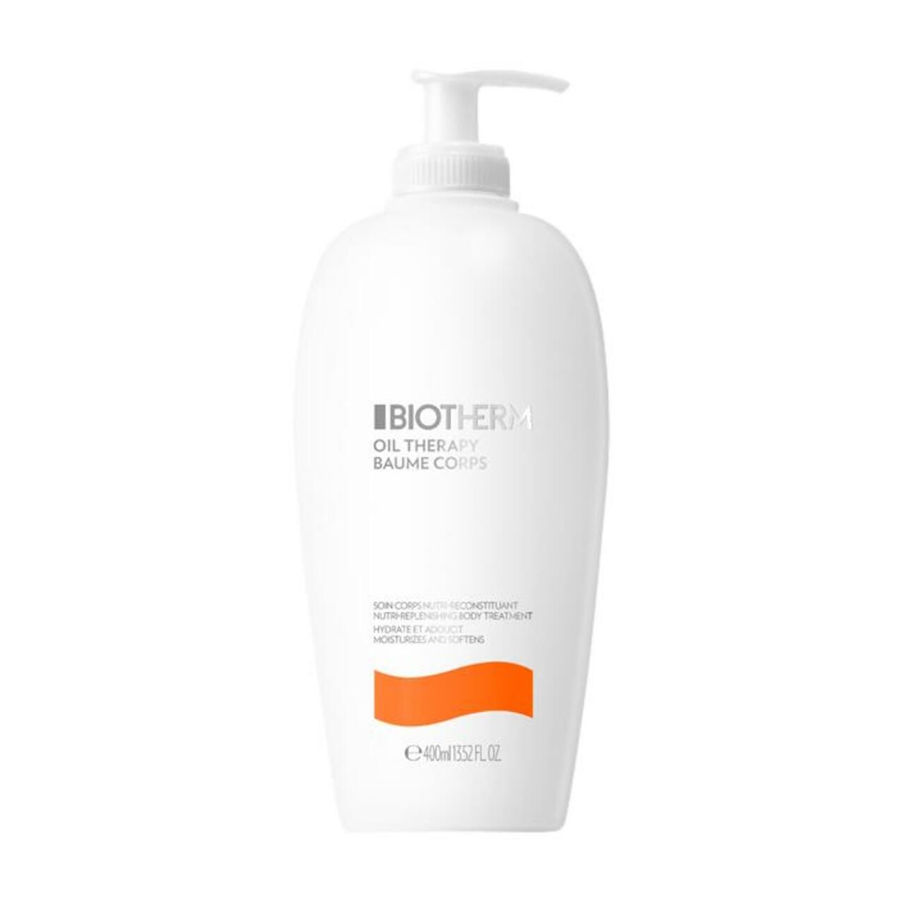 Weiße Flasche mit Pumpe. Text: BIOTHERM OIL THERAPY BAUME CORPS. Orangefarbener Streifen. Volumen: 400 ml.