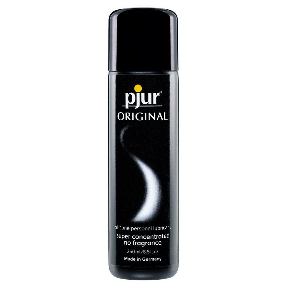 Schwarze Flasche mit gelbem Etikett. Aufschrift: pjur ORIGINAL, SILICONE-BASED PERSONAL LUBRICANT, super concentrated no fragrance, 250ml/8.5 fl.oz. Made in Germany.