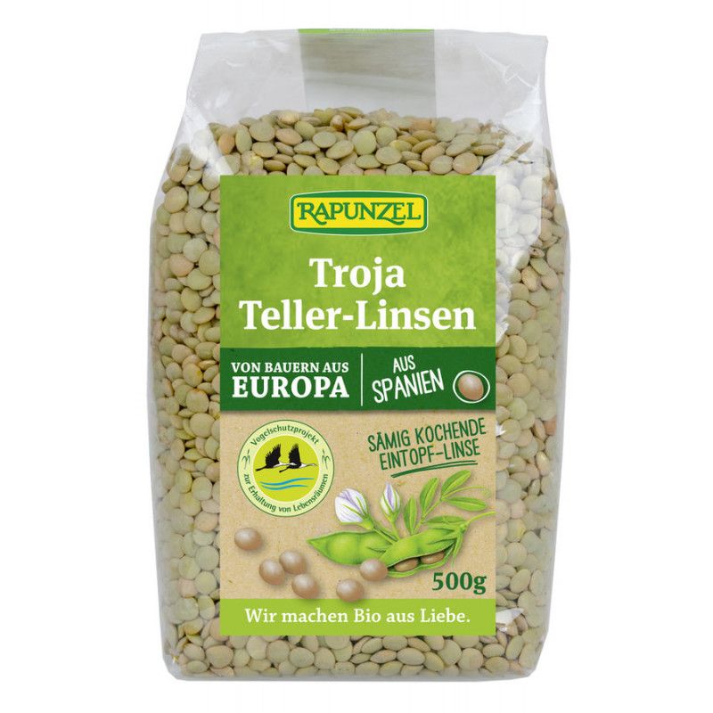 Klarsichtbeutel mit Linsen. Aufdruck: Rapunzel Troja Teller-Linsen, 500g, aus Europa und Spanien. Bio-Siegel.