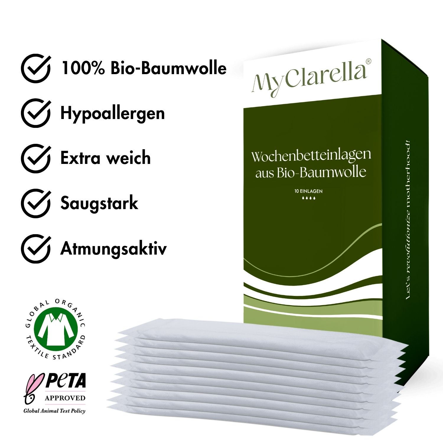 MyClarella® Wochenbetteinlagen 'sensitive' aus 100% Bio-Baumwolle 10 St