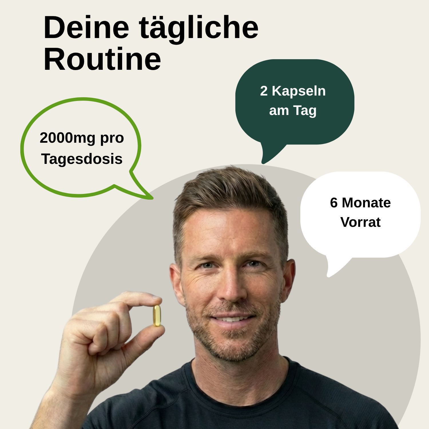 Mann hält Omega 3 Kapsel. Täglich 2 Kapseln, 2000mg, 6 Monate Vorrat.