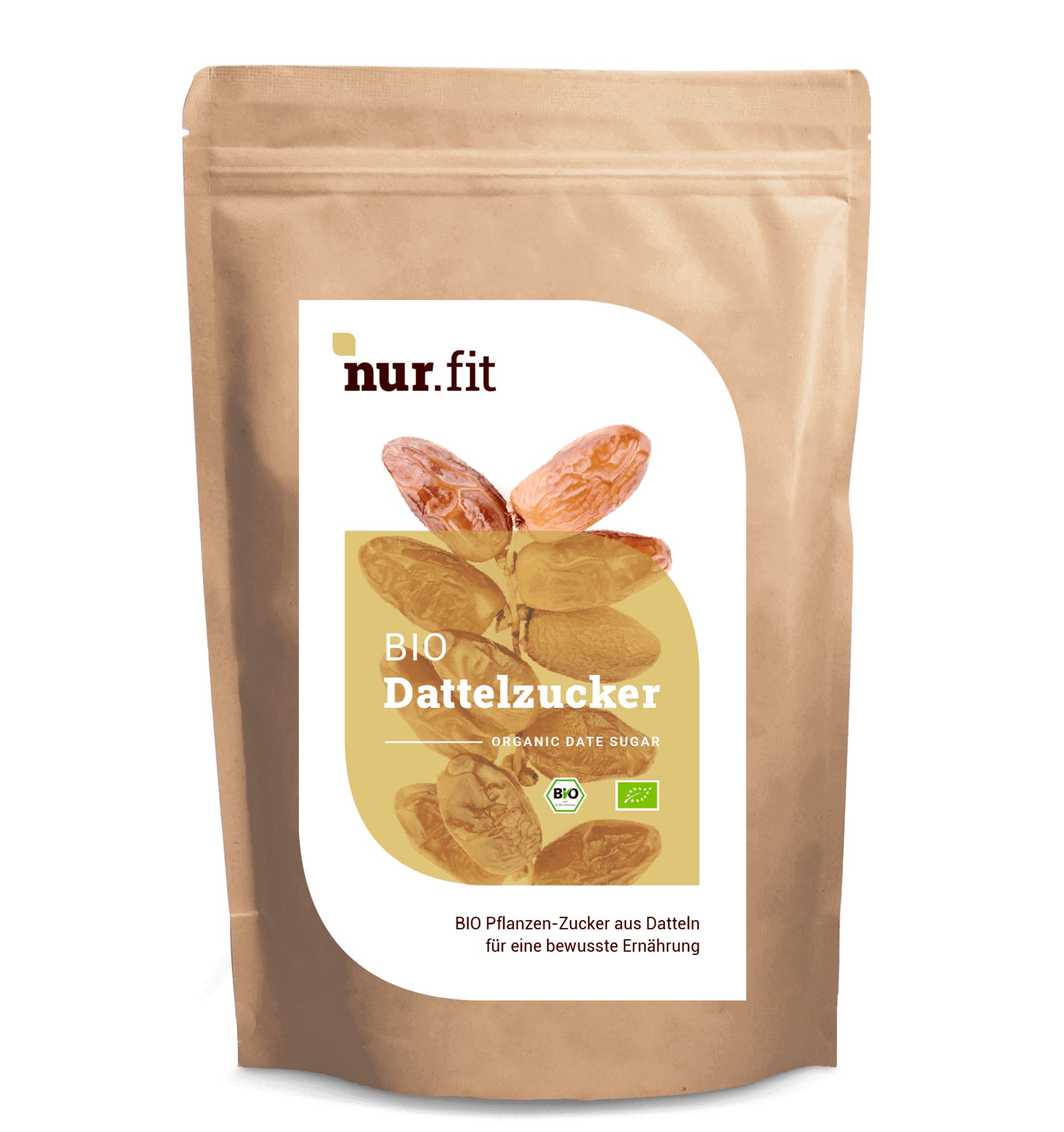 Beutel mit BIO Dattelzucker. Aufdruck mit Produktname, Dattel-Abbildung und Bio-Siegel.