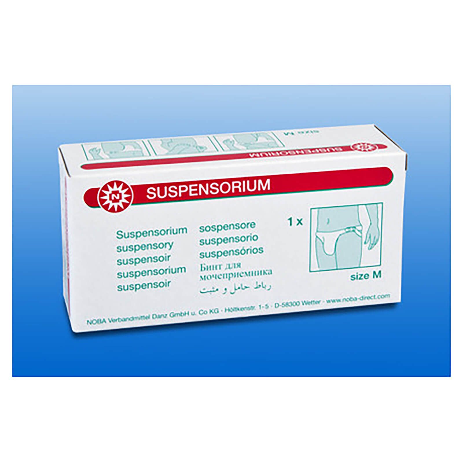 Verpackung für Suspensorium. Weißer Karton mit Produktabbildung und Text. Größe M.