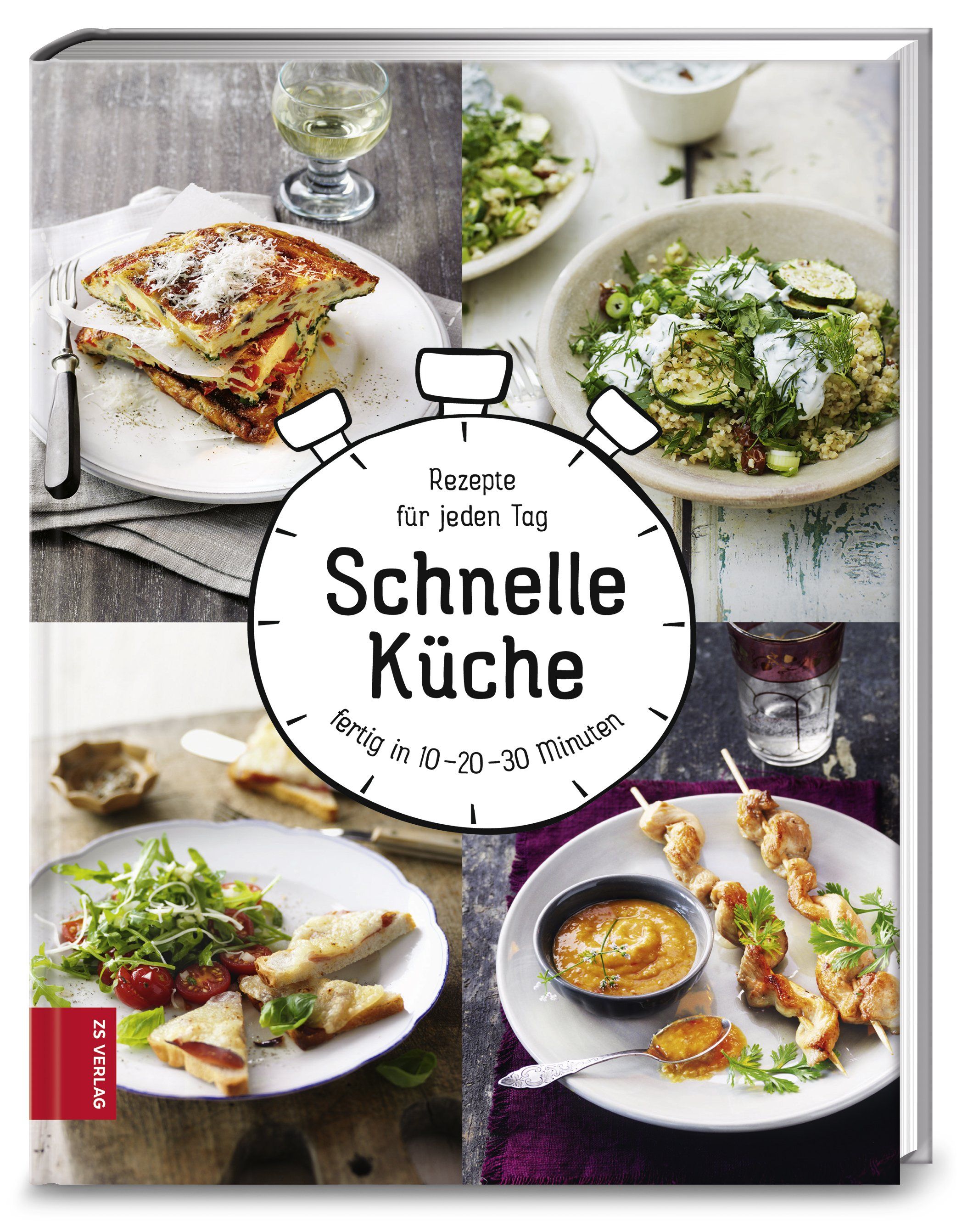 Kochbuch "Schnelle Küche" mit Rezepten. Auf dem Cover sind vier Gerichte abgebildet. Titel in Schwarz auf weißem Hintergrund.