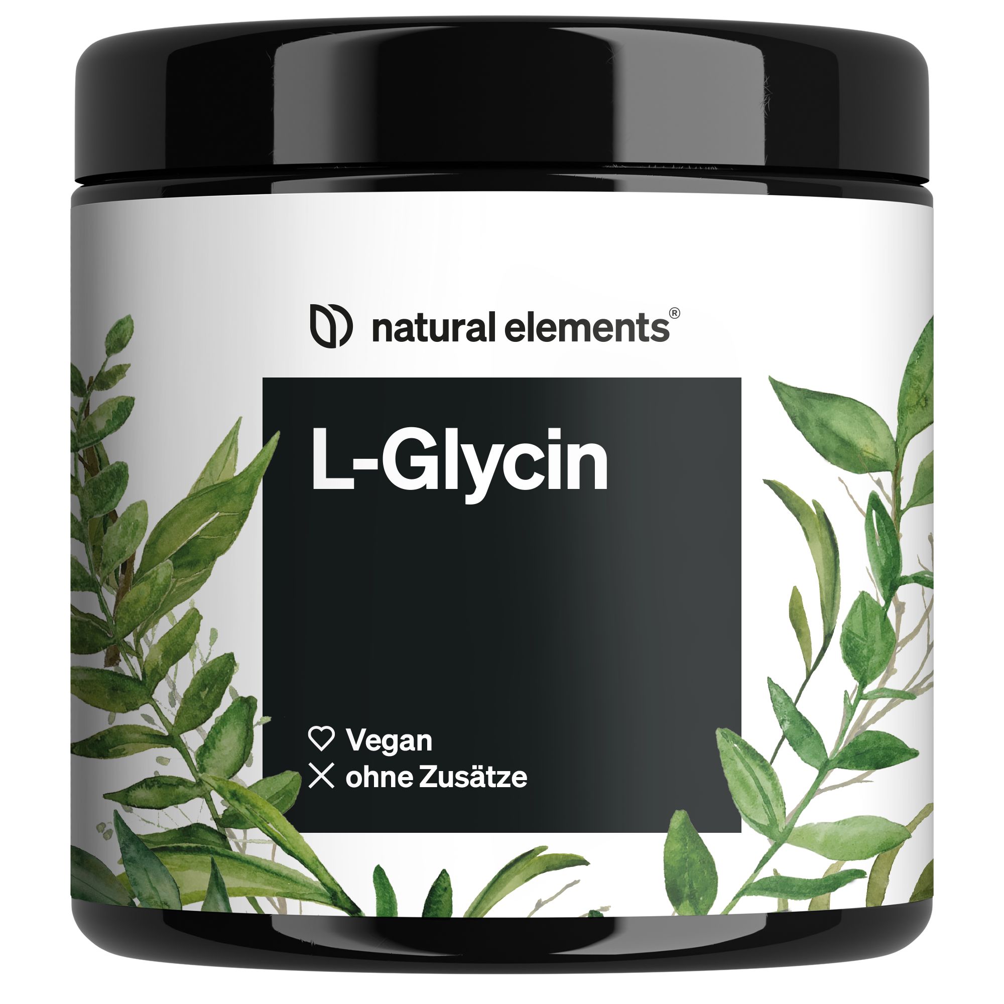 Schwarzes Produktglas mit weißem Etikett. Aufschrift: L-Glycin. Logo: natural elements. Vegan und ohne Zusätze.