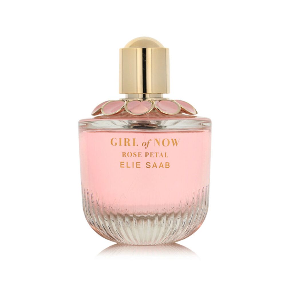 Elie Saab Girl of Now Rose Petal Eau de Parfum Nat. Spray Flakon mit goldenem Verschluss und Blütenapplikation.