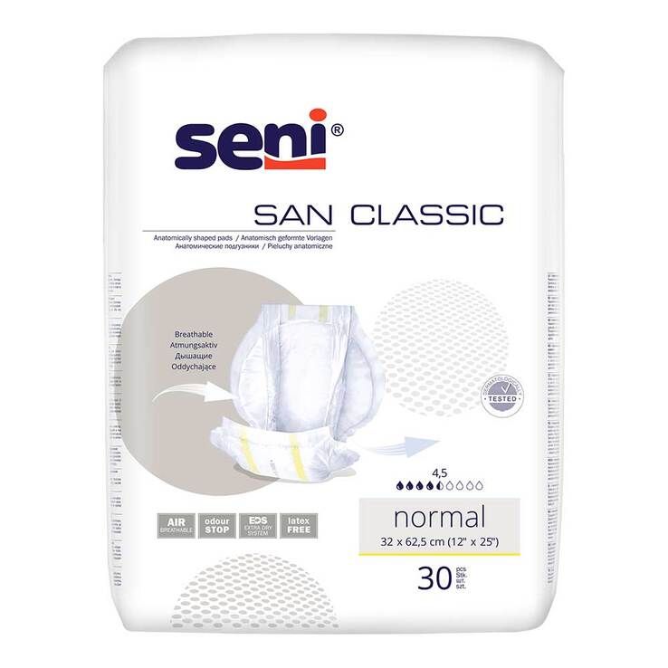 Verpackung Seni San Classic Inkontinenzvorlage Normal. Enthält 30 Stück. Größe 32 x 62,5 cm. Mit AIR-System, geruchsneutral.